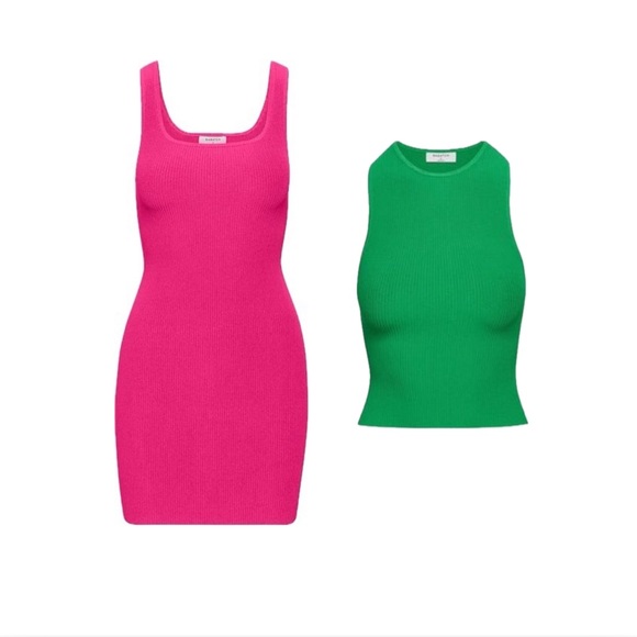 Watermelon sugar! Aritzia Sculpt Knit Gloss Green Tank + Eros Pink Dress NWT - Picture 1 of 7